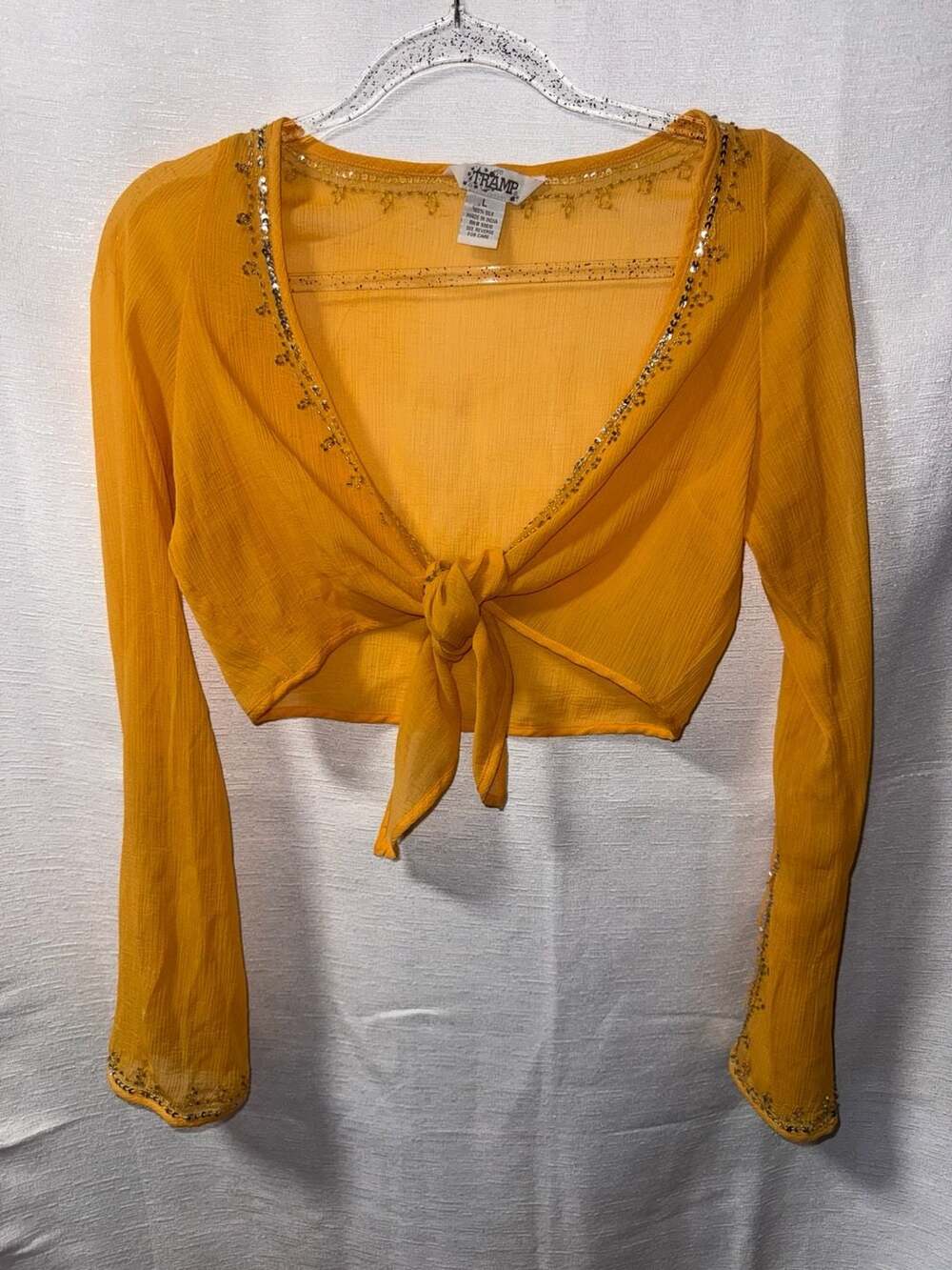 Tramp 100% Silk Sequin Embellished Tie Front Long Sleeve Crop Top